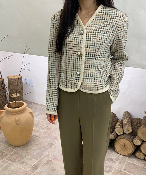 노카라 울 트위드 자켓 베이지 No Neck Wool Tweed Jacket Beige